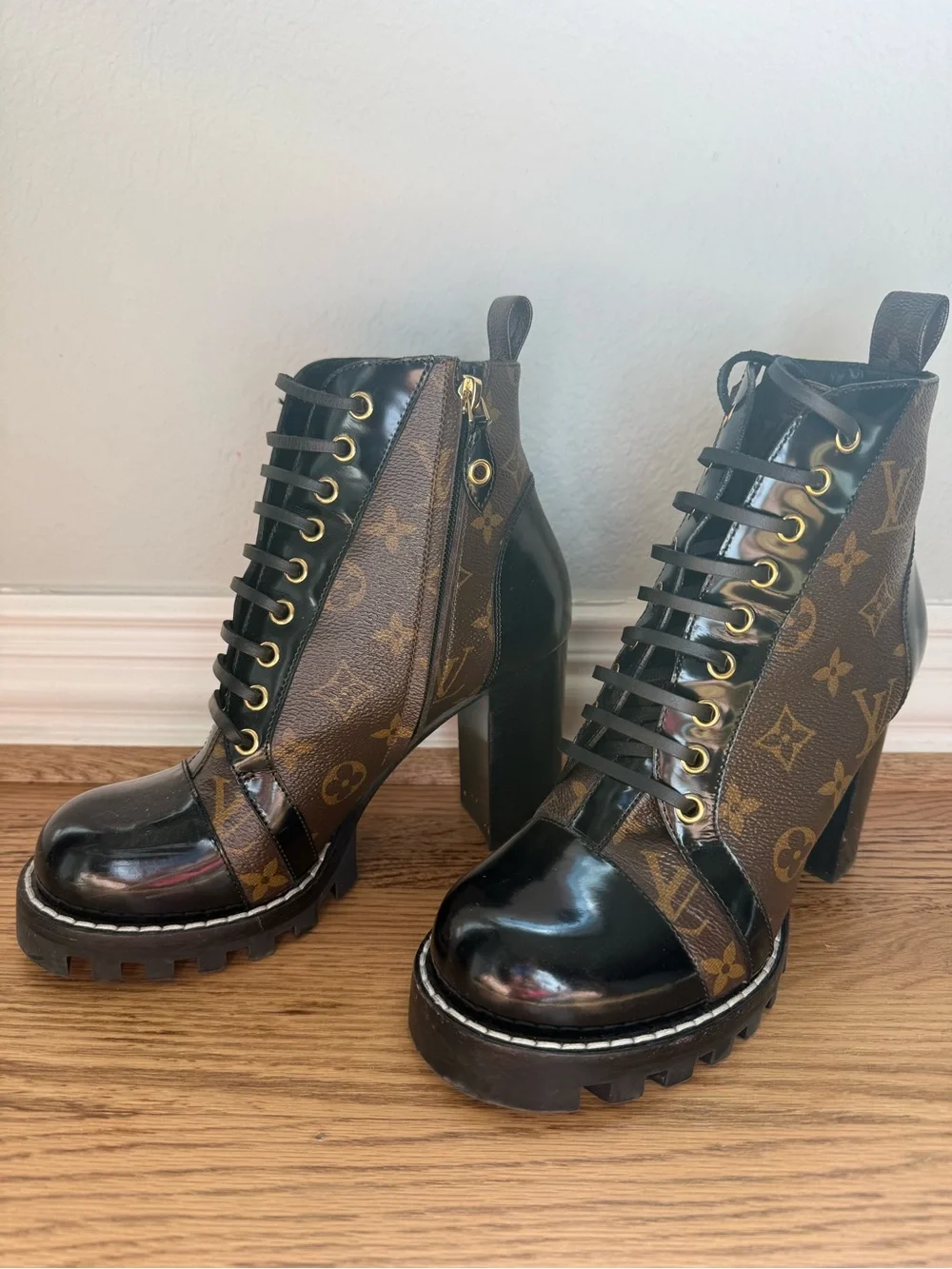 Louis Vuitton Black and Brown Monogram Lace-Up Block Heel Boots